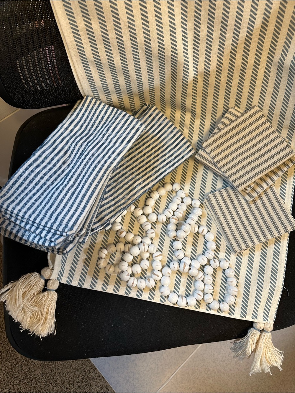 Blue and White Striped Table Runner with Tassels and Beaded Garland